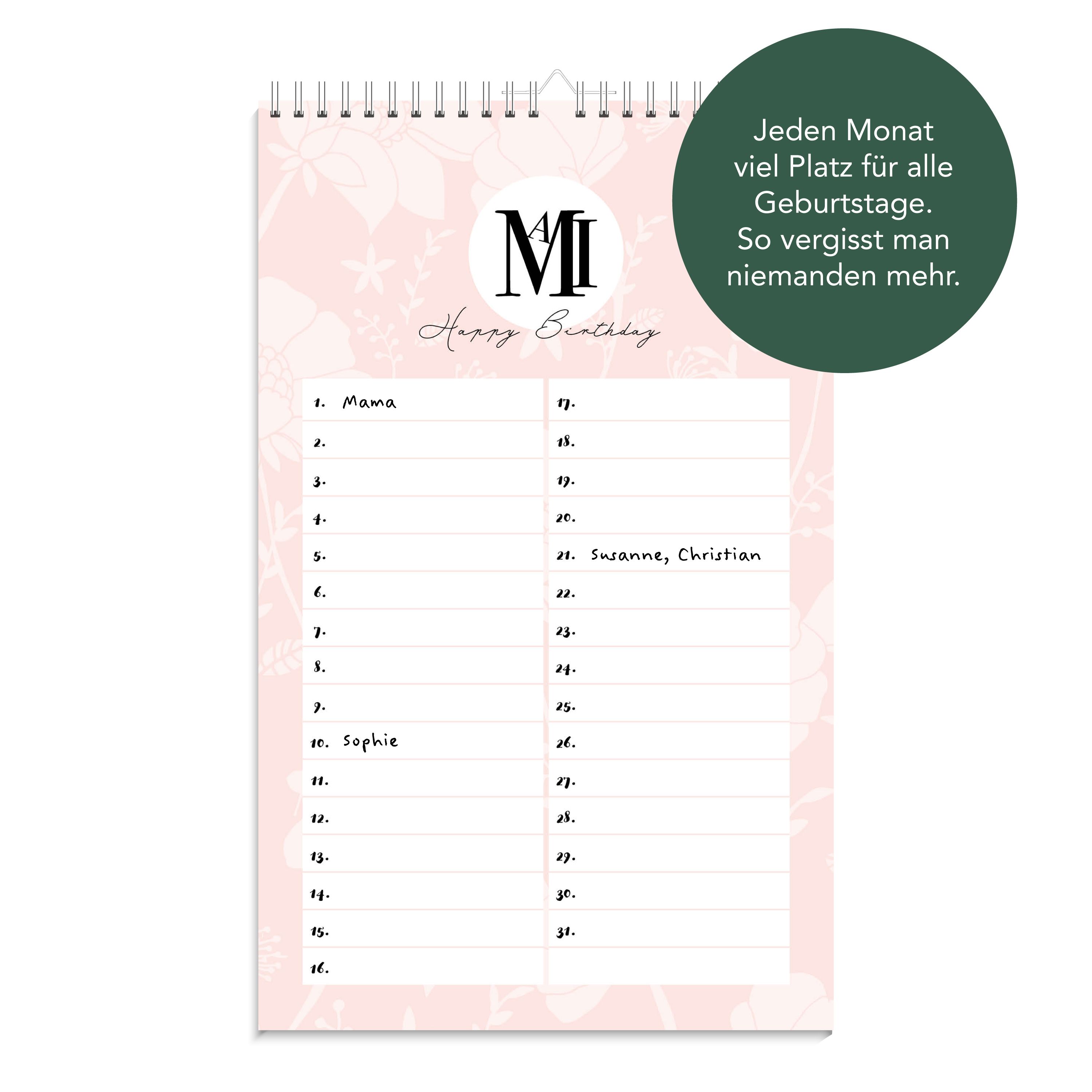 Geburtstagskalender immerwährend | Jahresunabhängiger Kalender für Geburtstage in rosa